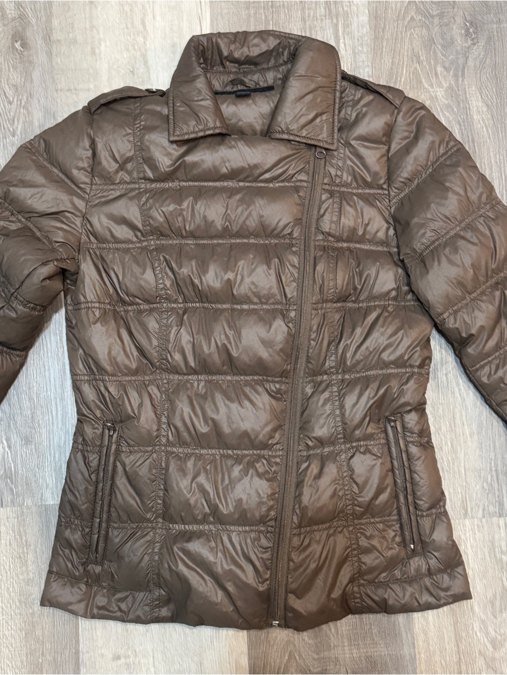 Katherine Barclay Quilted Brown Asymmetric Puffer Down Insulated Jacket